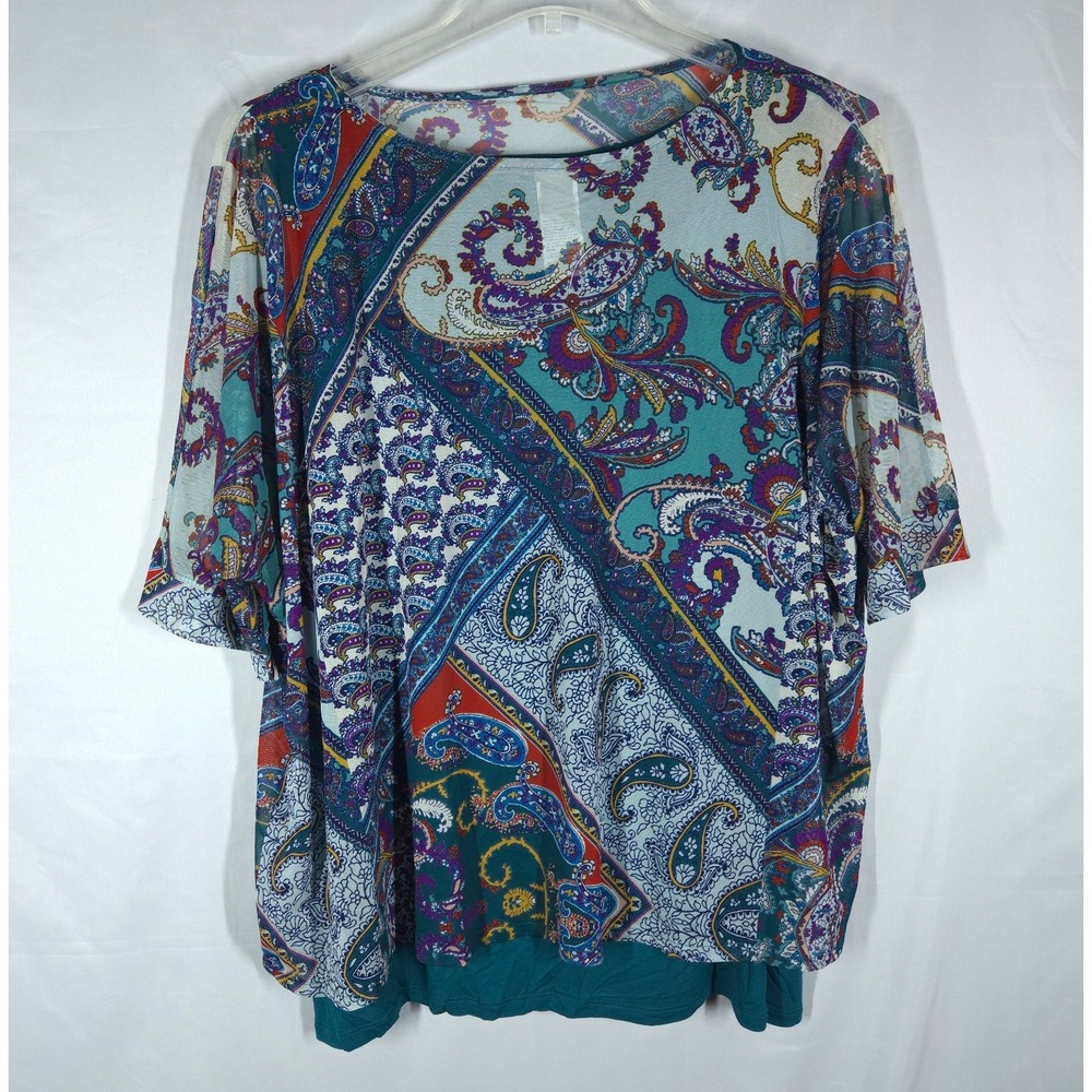 Chico's Paisley Knit Top Womens XL Teal Multicolor Round Neck Pullover Boho